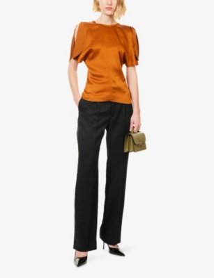 Victoria Beckham Womens Draped Sleeve Satin Top Bronze In Orange