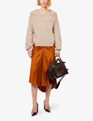 Victoria Beckham Gathered Waist Satin Midi Skirt In Brown
