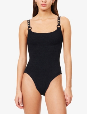 Hunza G Melody Eyelet-embellished Seersucker Swimsuit In Black