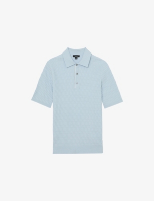 Reiss Mens Soft Blue Era Half-button Textured-knit Polo