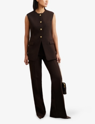 Reiss Womens Chocolate Brown Priya Round-neck Woven Waistcoat In Brown