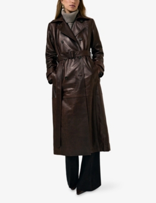 Reiss Womens Chocolate Hattie Double-breasted Leather Trench In Brown