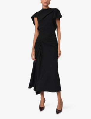 Reiss Womens Black Saskia Asymmetric Draped Woven Midi Dress In Black