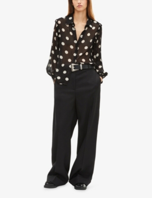 The Kooples Womens  Collared Spot-print Woven Shirt In Black