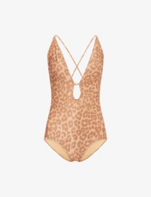 Zimmermann Womens Tan Leopard Awaken Metallic Plunge Swimsuit In Brown