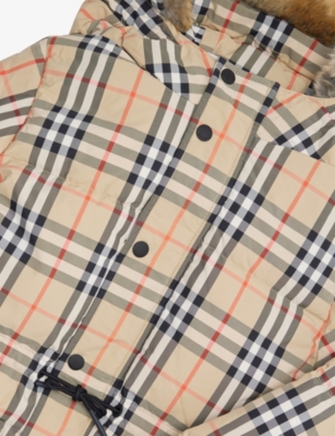 BURBERRY: Franklin Faux-Fur Trim Check Shell-Down Jacket 4-14 Years