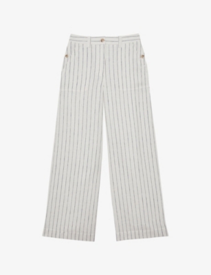 Reiss Womens White Navy Ashby Striped Wide-leg Linen Trousers In Multi