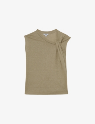 Reiss Womens White Taylor Twist-detail Linen T-shirt In Green