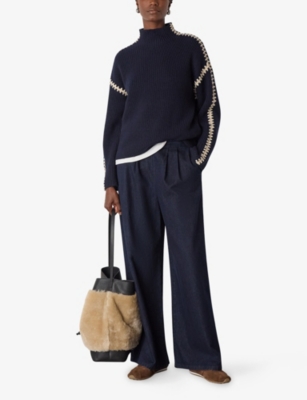 Whistles Womens Blanket-stitch Wool-blend Jumper Navy In Blue