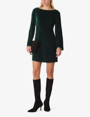 Whistles Womens Square-neck Flare-sleeve Velvet Mini Dress Dark Green In Green