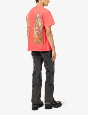 WHO DECIDES WAR BY EV BRAVADO: Rhinestone Flame-Print Short-Sleeve Cotton T-Shirt