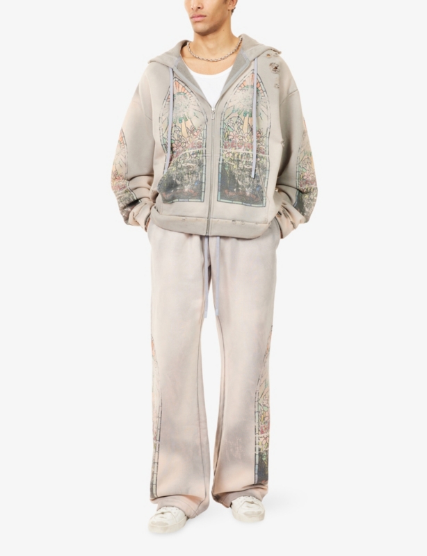 Faded-Wash Graphic-Print Cotton Joggers