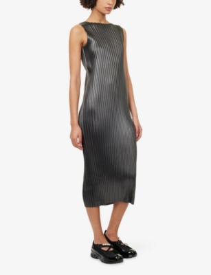 Issey Miyake Womens Khaki Glossed Metal Pleats Knitted Maxi Dress In Gray