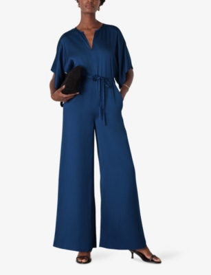Whistles Omens  Belted-waist Short-sleeve Satin Jumpsuit In Blue