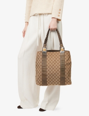 RESELFRIDGES: Pre-Loved Gucci Large GG Bamboo Libeccio Canvas Tote Bag