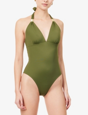 Heidi Klein Womens Slider Halterneck Swimsuit Olive In Green