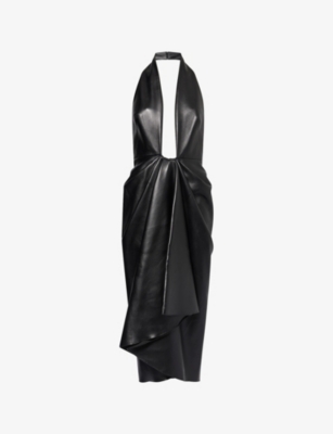 Givenchy Womens Black Draped Backless Leather Midi Dress