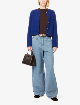 Me And Em And Em Womens Jewel Blue Cropped Round-neck Wool And Cashmere Cardigan Xs In Blue