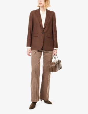 Me And Em And Em Womens Toffee Pinstripe Padded-shoulder Wool-blend Blazer In Brown