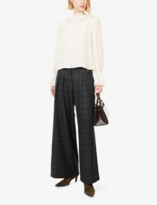 Me And Em And Em Womens Cream Lace-trim High-neck Silk Blouse In White