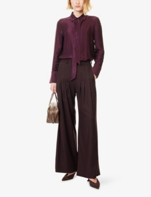 Me And Em And Em Womens Merlot Am-pm Pinstripe Collared Satin Shirt In Burgundy