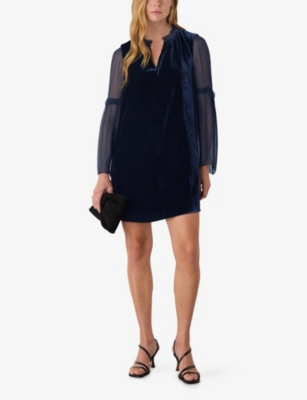 Whistles Womens Navy Frill-neck Sheer-sleeve Velvet Mini Dress In Blue
