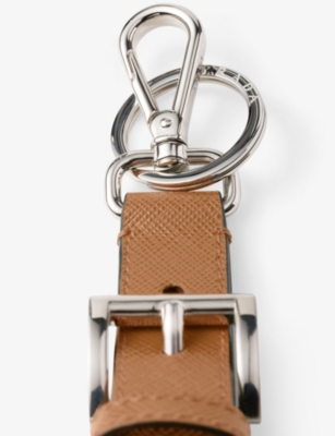 Prada Womens Brown Logo-plaque Saffiano Leather Keychain In Brown