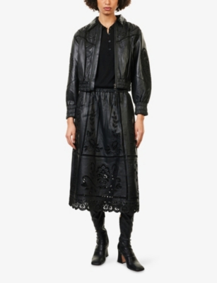 FARM RIO: Richilieu Heart-Embroidered Leather Midi Skirt