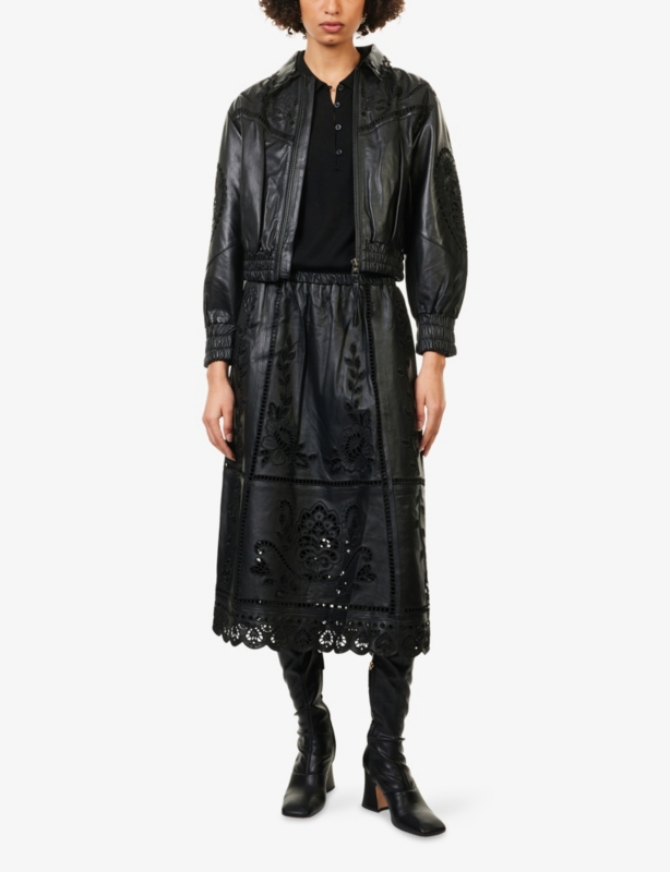 Richilieu Heart-Embroidered Leather Midi Skirt