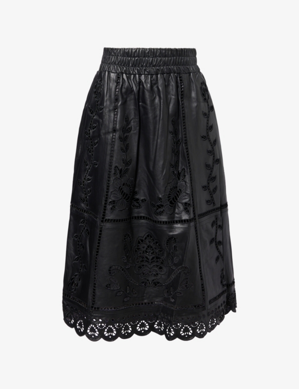 Richilieu Heart-Embroidered Leather Midi Skirt