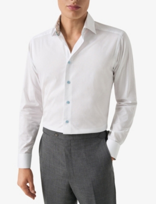 ETON: Floral-Trim Slim-Fit Cotton-Twill Shirt