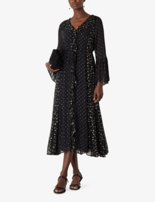 Whistles Omens  Metallic Dot-print Woven Midi Dress In Black