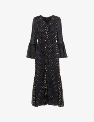 Whistles Omens  Metallic Dot-print Woven Midi Dress In Black