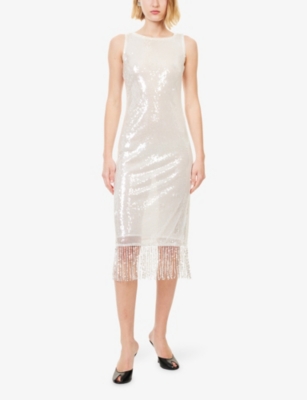 Reformation Womens Silver Sparkle Cherra Fringed Sequin Midi Dress In Silver