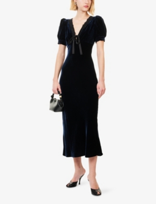 Reformation Womens Midnight Camille Lace-collar Velvet Midi Dress In Multi