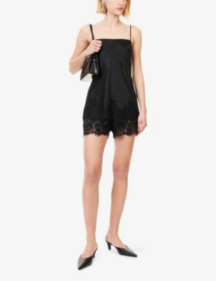Reformation Womens Black Fern Lace-hem Satin Shorts In Black