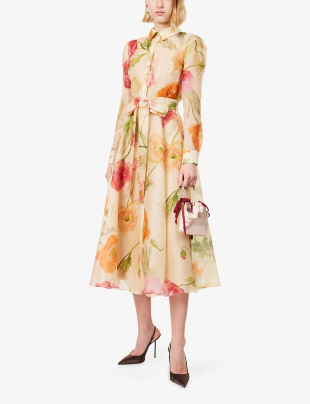 Poppy-Print Belted Silk-Organza Midi Trench Dress