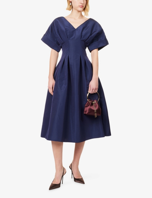 Gathered-Waist V-Neck Silk Midi Dress