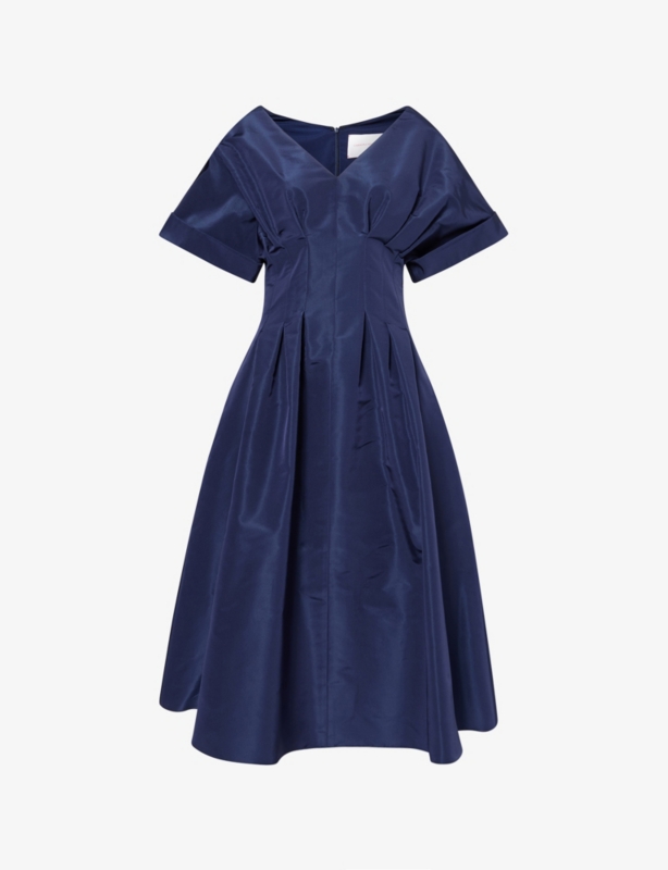 Gathered-Waist V-Neck Silk Midi Dress
