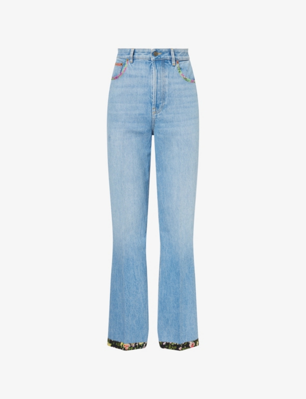 Printed-Trims Straight-Leg Denim Jeans
