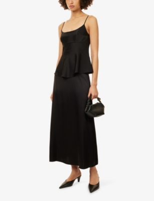 Theory Womens Black Spaghetti-strap Peplum-waist Satin Top In Black