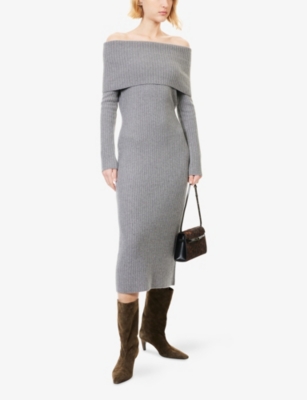 Theory Womens Grey Heather Off-shoulder Wool And Cashmere-blend Midi Dress In Gray
