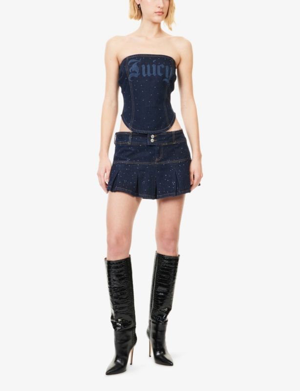 Pleated Crystal-Embellished Denim Mini Skirt