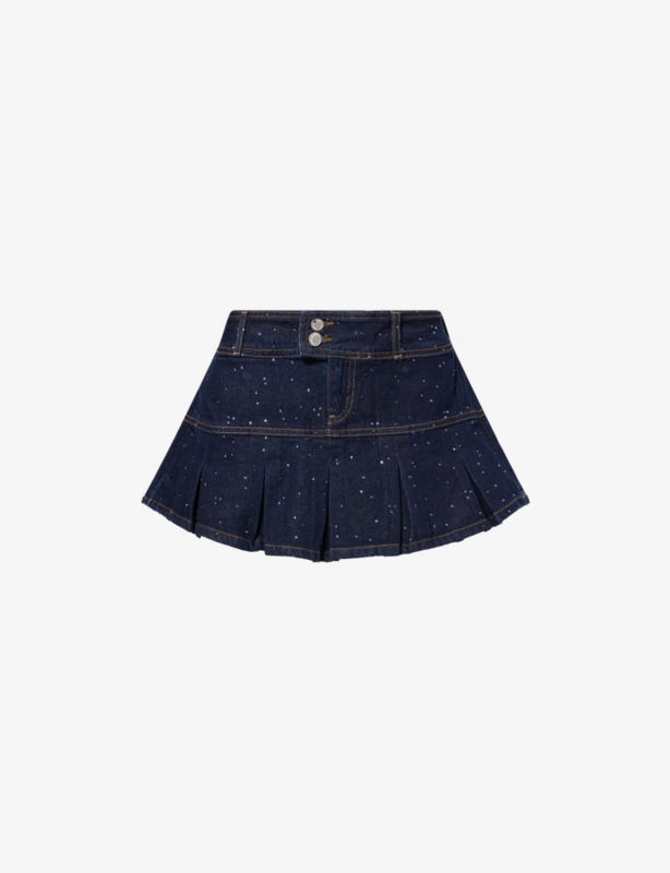 Pleated Crystal-Embellished Denim Mini Skirt