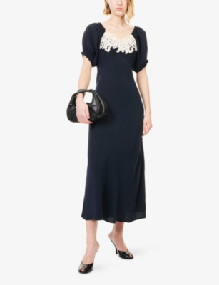 Rixo London Womens Deep Navy Ilaria Lace-embroidery Silk Midi Dress In Blue