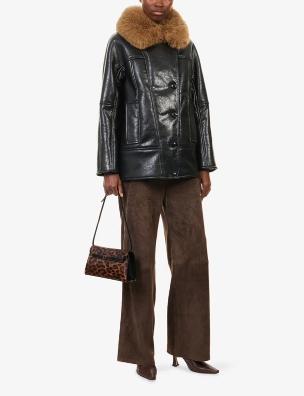 Kiti Faux-Fur-Collar Faux-Leather Coat