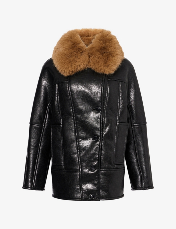 Kiti Faux-Fur-Collar Faux-Leather Coat