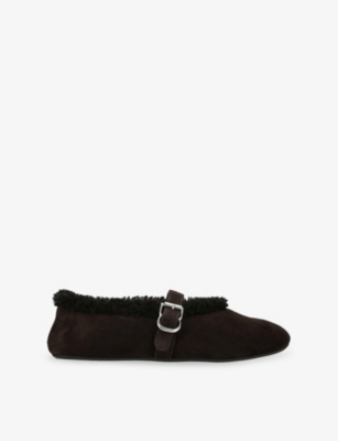 Alaïa Womens Dark Brown Shearling-trim Suede Ballet Flats Eur 38/5 Uk