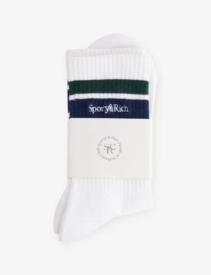Sporty And Rich Womens White Forest Dark Navy Tenserif-logo Cotton Blend Socks
