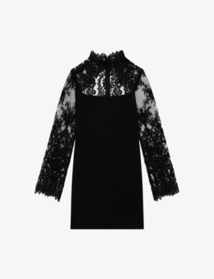 The Kooples Womens  Lace-embroidered Cut-out Woven Mini Dress In Black